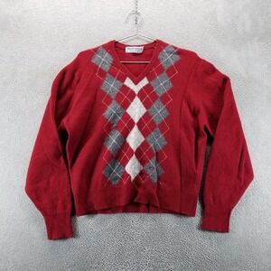 VTG Burberrys Sweater Mens M Red Argyle V Neck Pullover‎ 100% Lambswool Scotland